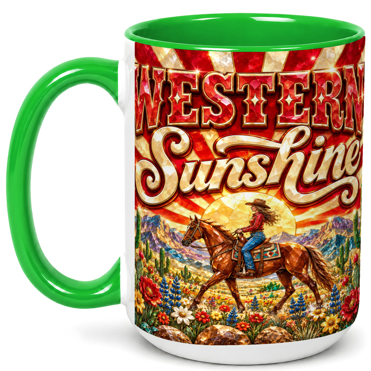 #pl[15oz|Green] Cowgirl Desert Coffee Mug, Western Horse Mug, Ceramic Cup