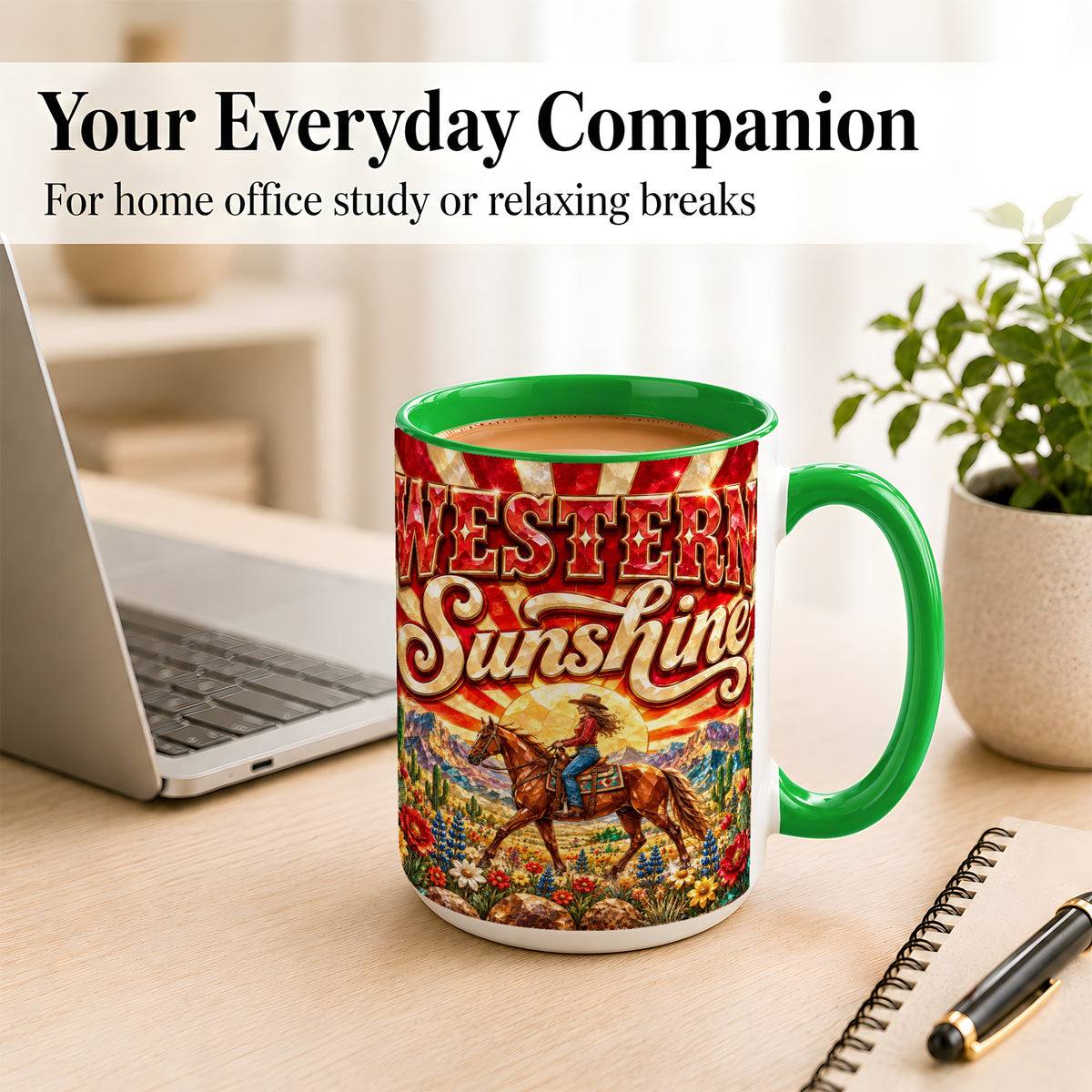#pl[15oz|Green] Cowgirl Desert Coffee Mug, Western Horse Mug, Ceramic Cup