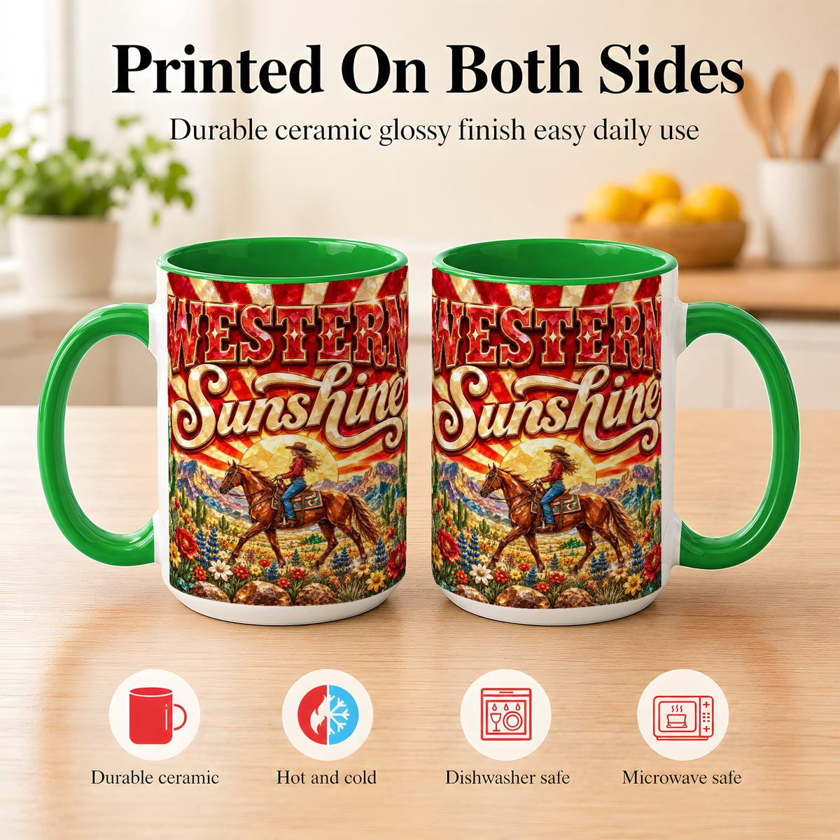 #pl[15oz|Green] Cowgirl Desert Coffee Mug, Western Horse Mug, Ceramic Cup