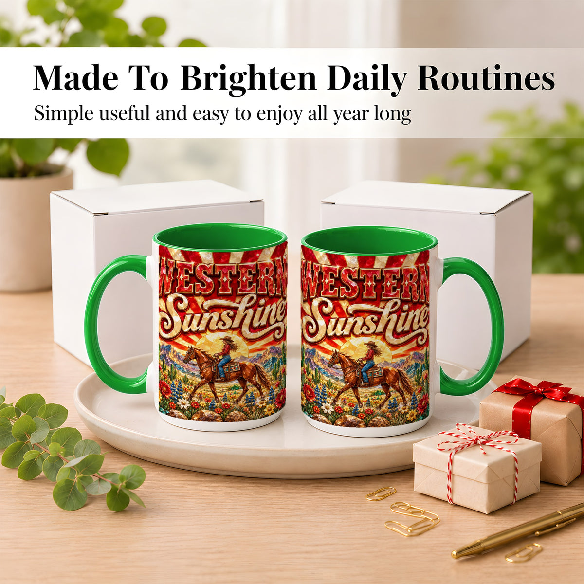 #pl[15oz|Green] Cowgirl Desert Coffee Mug, Western Horse Mug, Ceramic Cup