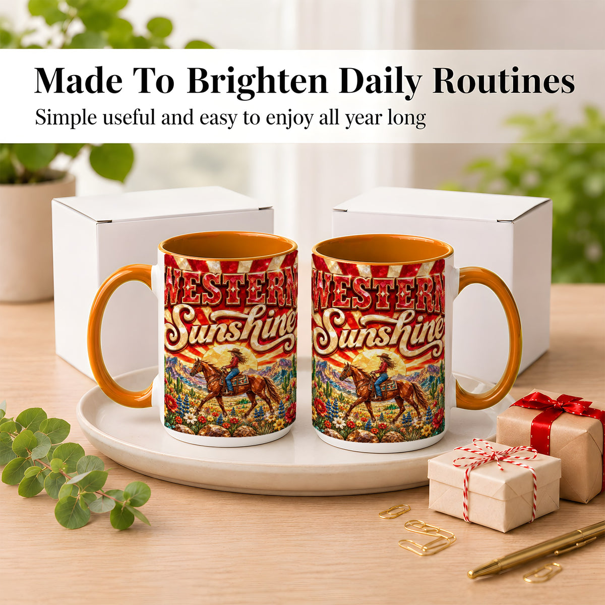 #pl[15oz|Orange] Cowgirl Desert Coffee Mug, Western Horse Mug, Ceramic Cup