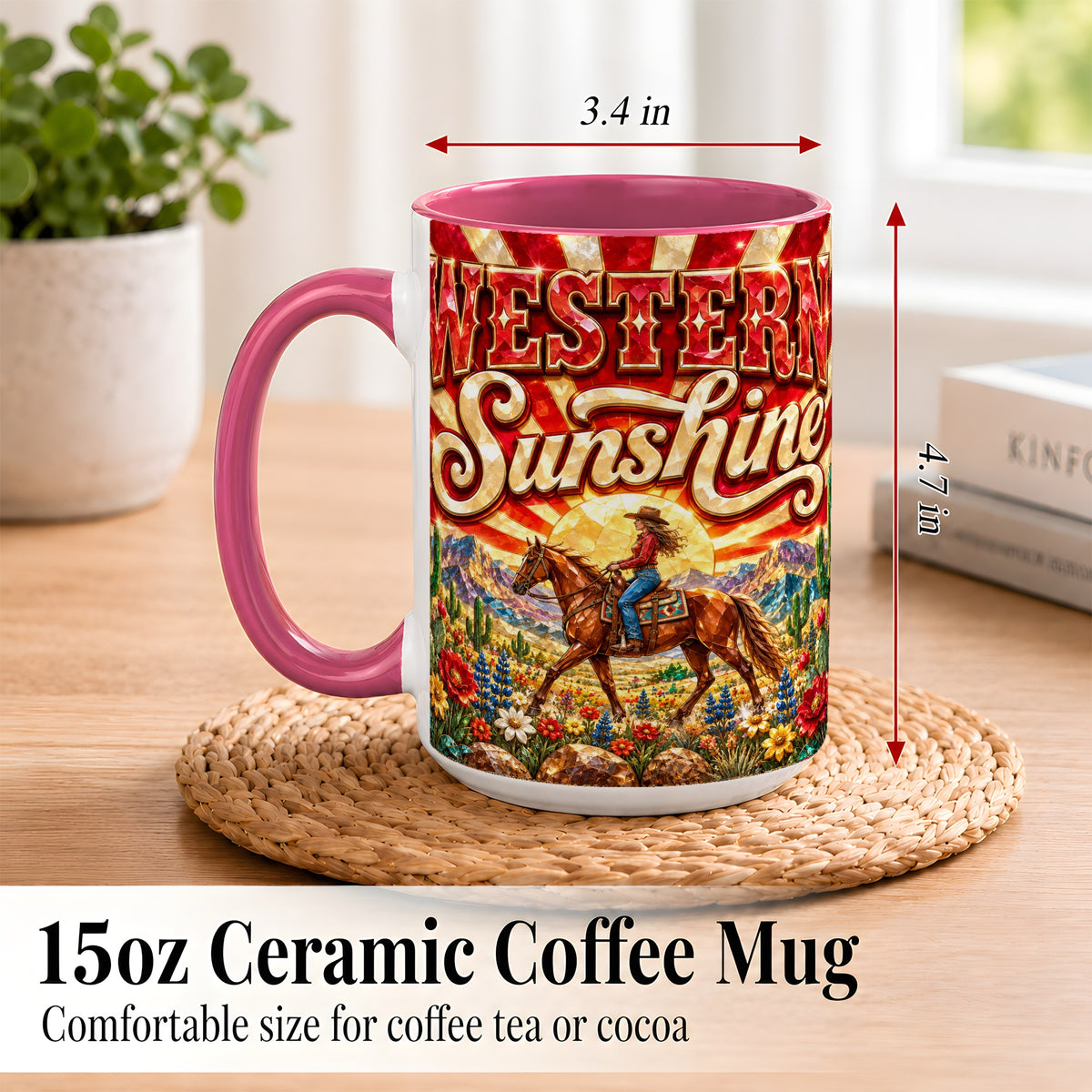#pl[15oz|Pink] Cowgirl Desert Coffee Mug, Western Horse Mug, Ceramic Cup