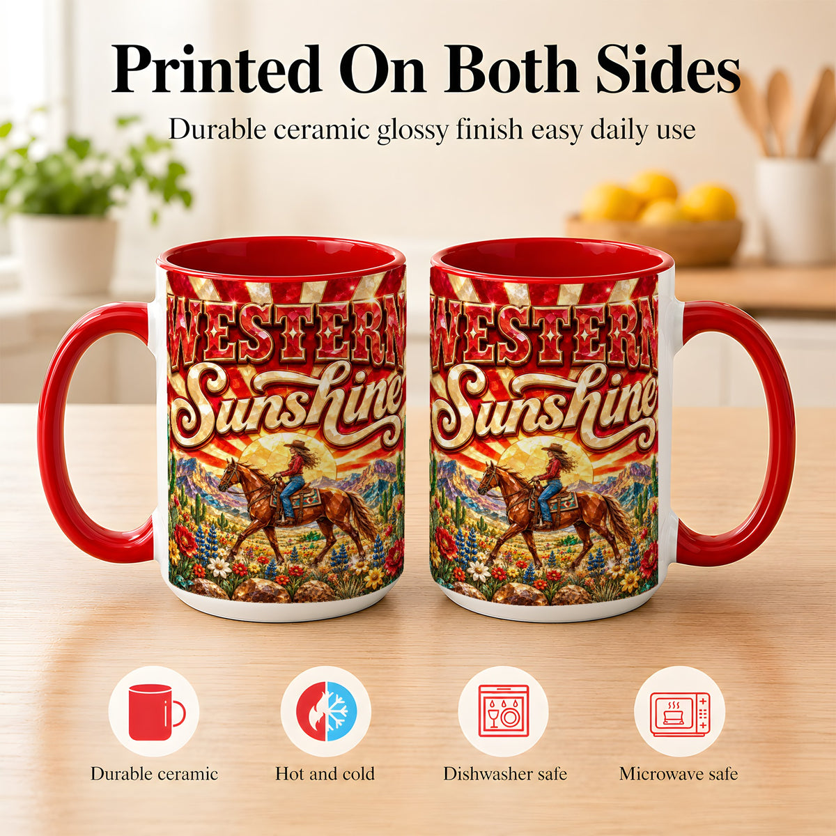 #pl[15oz|Red] Cowgirl Desert Coffee Mug, Western Horse Mug, Ceramic Cup