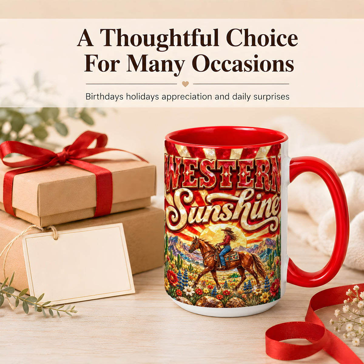 #pl[15oz|Red] Cowgirl Desert Coffee Mug, Western Horse Mug, Ceramic Cup