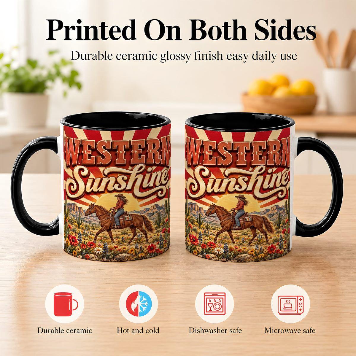 #pl[11oz|Black] Retro Cowgirl Coffee Mug, Desert Horse Mug, Ceramic Cup
