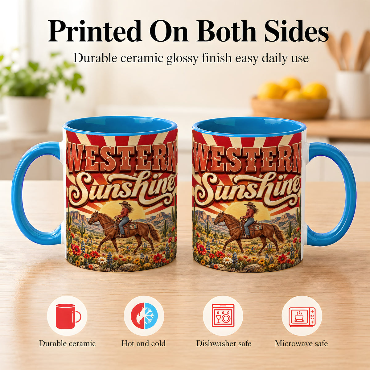 #pl[11oz|Blue] Retro Cowgirl Coffee Mug, Desert Horse Mug, Ceramic Cup