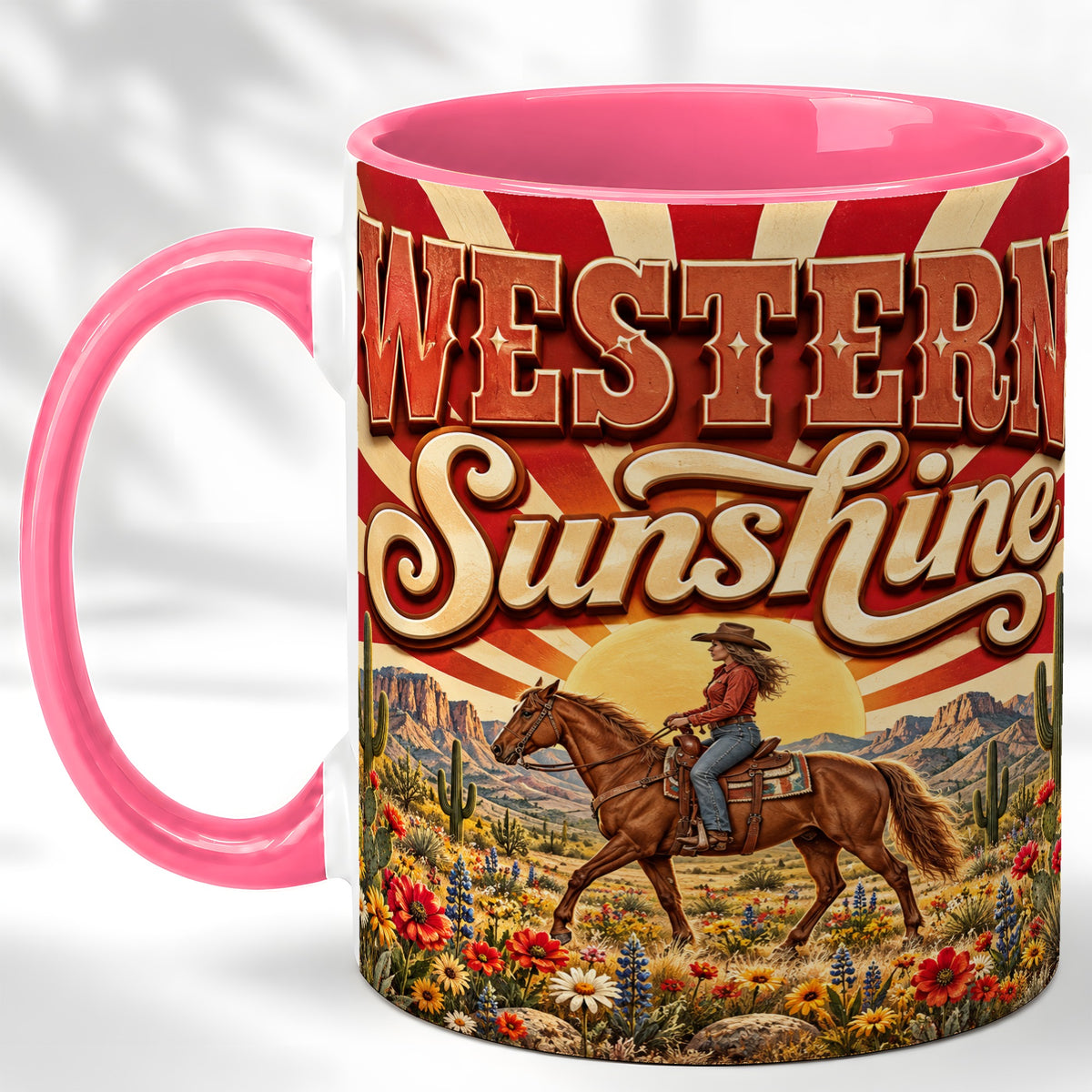 #pl[11oz|Pink] Retro Cowgirl Coffee Mug, Desert Horse Mug, Ceramic Cup