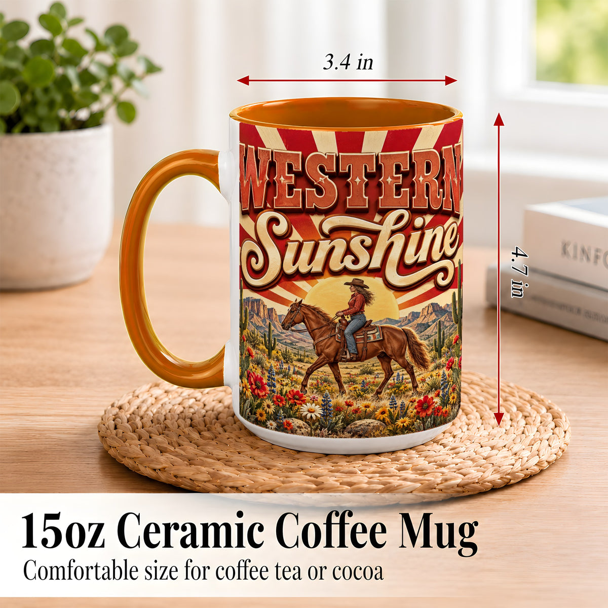 #pl[15oz|Orange] Retro Cowgirl Coffee Mug, Desert Horse Mug, Ceramic Cup