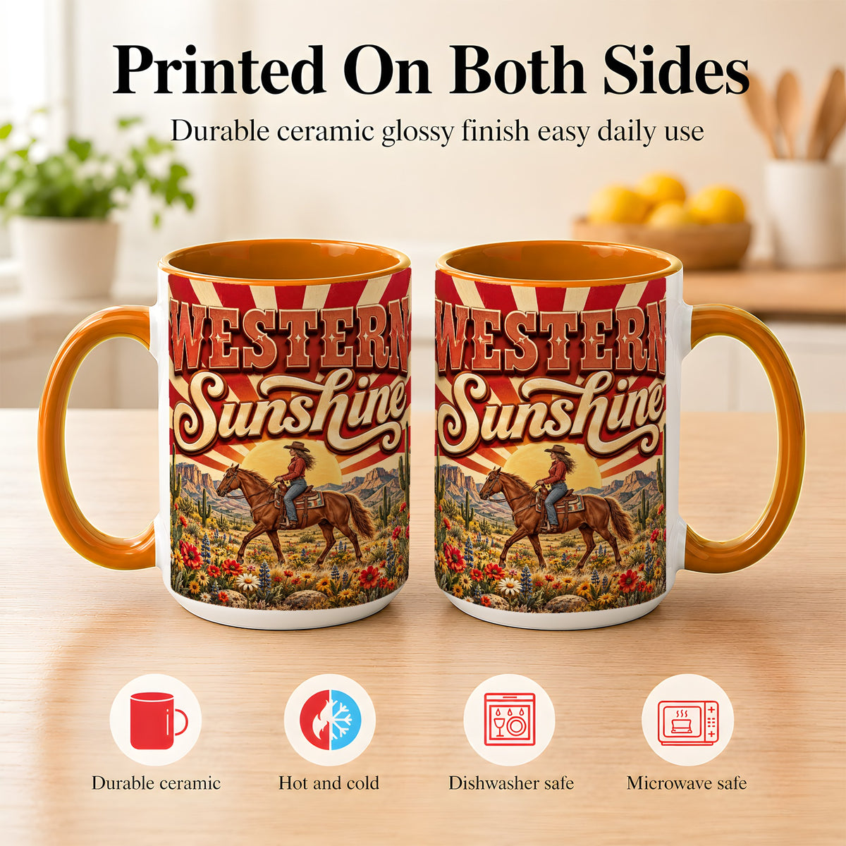 #pl[15oz|Orange] Retro Cowgirl Coffee Mug, Desert Horse Mug, Ceramic Cup