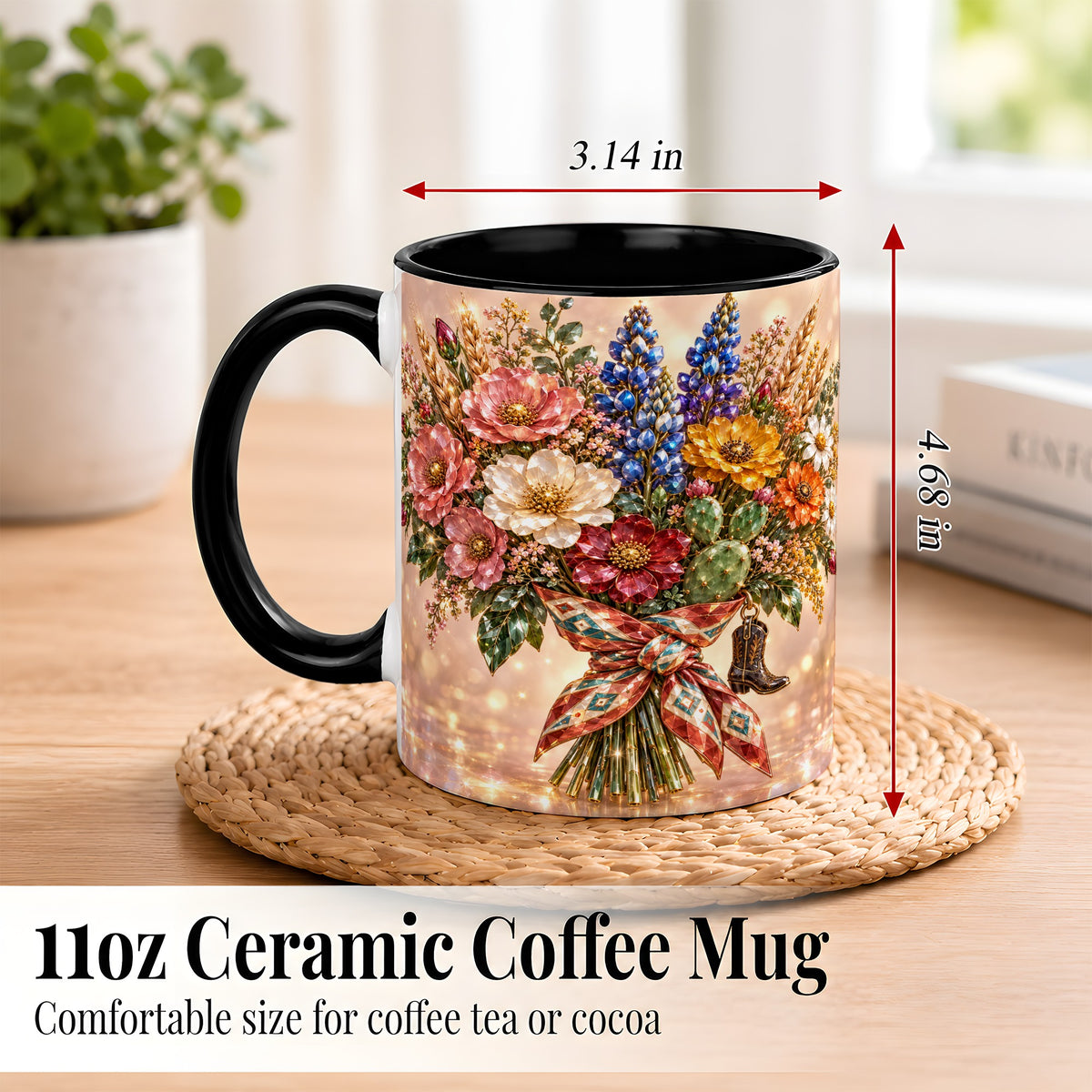 #pl[11oz|Black] Western Wildflower Coffee Mug, Cowgirl Floral Mug, Ceramic Cup
