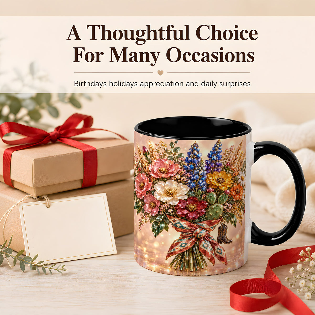 #pl[11oz|Black] Western Wildflower Coffee Mug, Cowgirl Floral Mug, Ceramic Cup