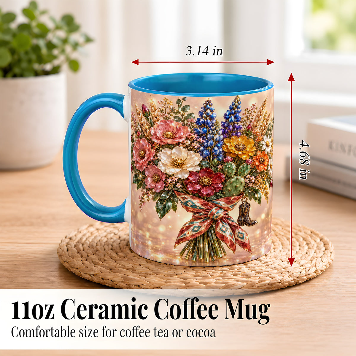 #pl[11oz|Blue] Western Wildflower Coffee Mug, Cowgirl Floral Mug, Ceramic Cup