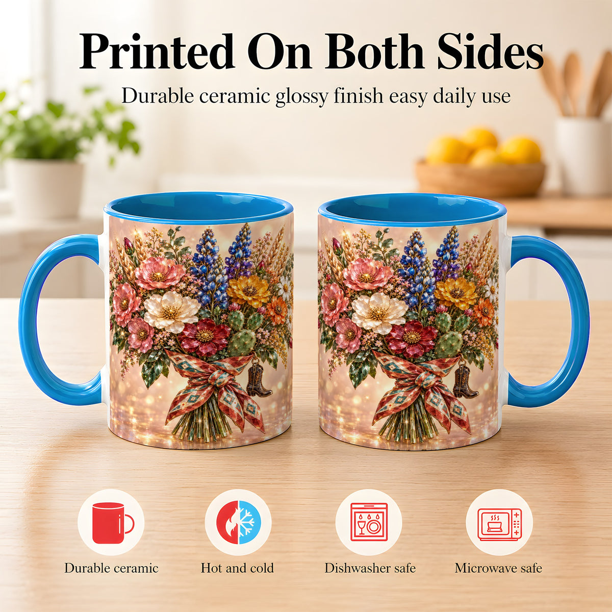 #pl[11oz|Blue] Western Wildflower Coffee Mug, Cowgirl Floral Mug, Ceramic Cup