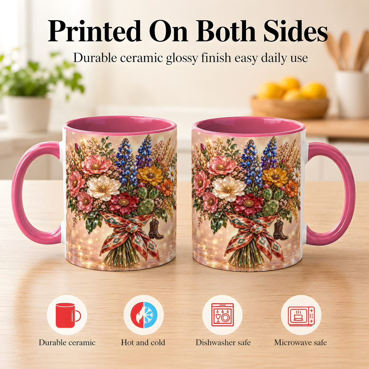 #pl[11oz|Pink] Western Wildflower Coffee Mug, Cowgirl Floral Mug, Ceramic Cup