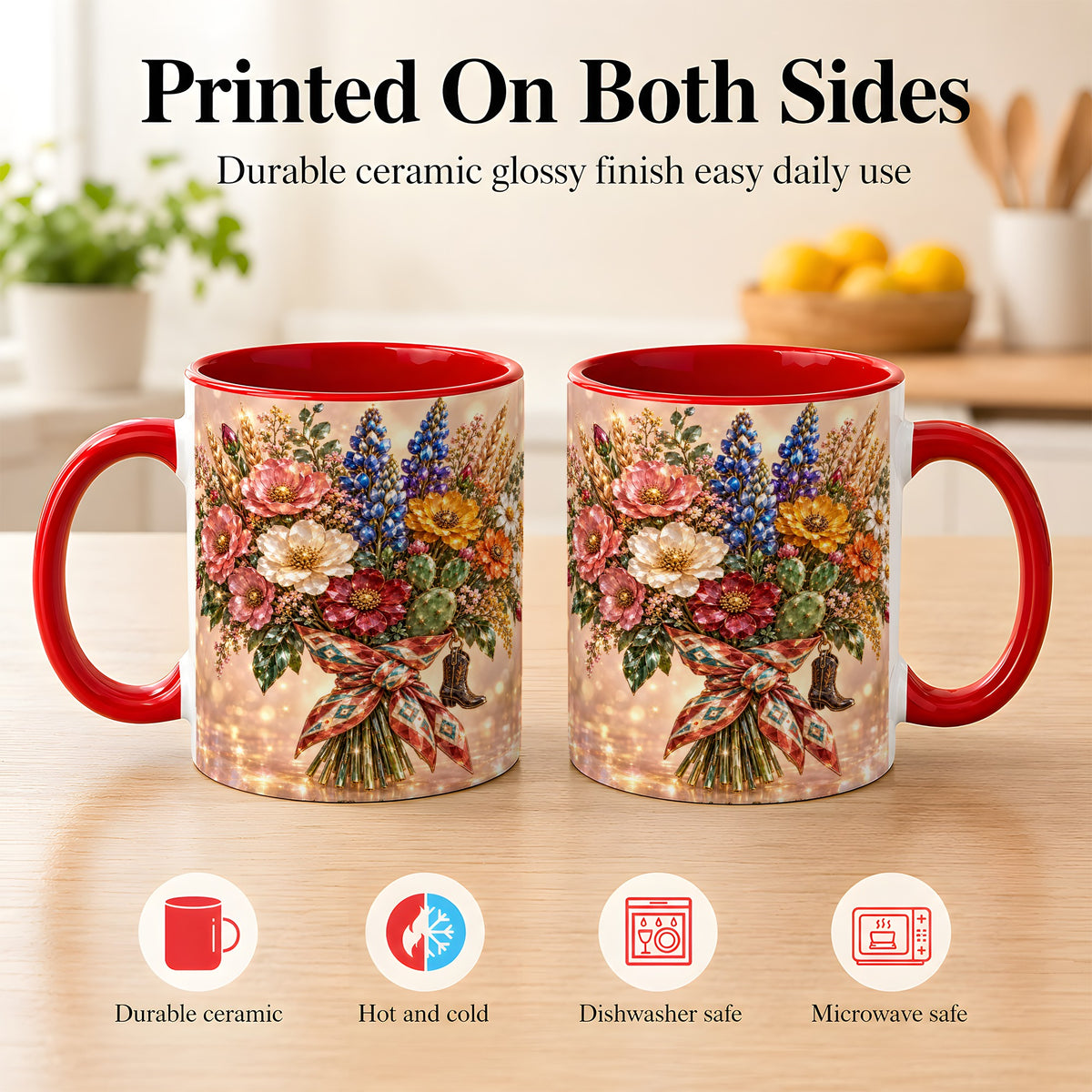 #pl[11oz|Red] Western Wildflower Coffee Mug, Cowgirl Floral Mug, Ceramic Cup