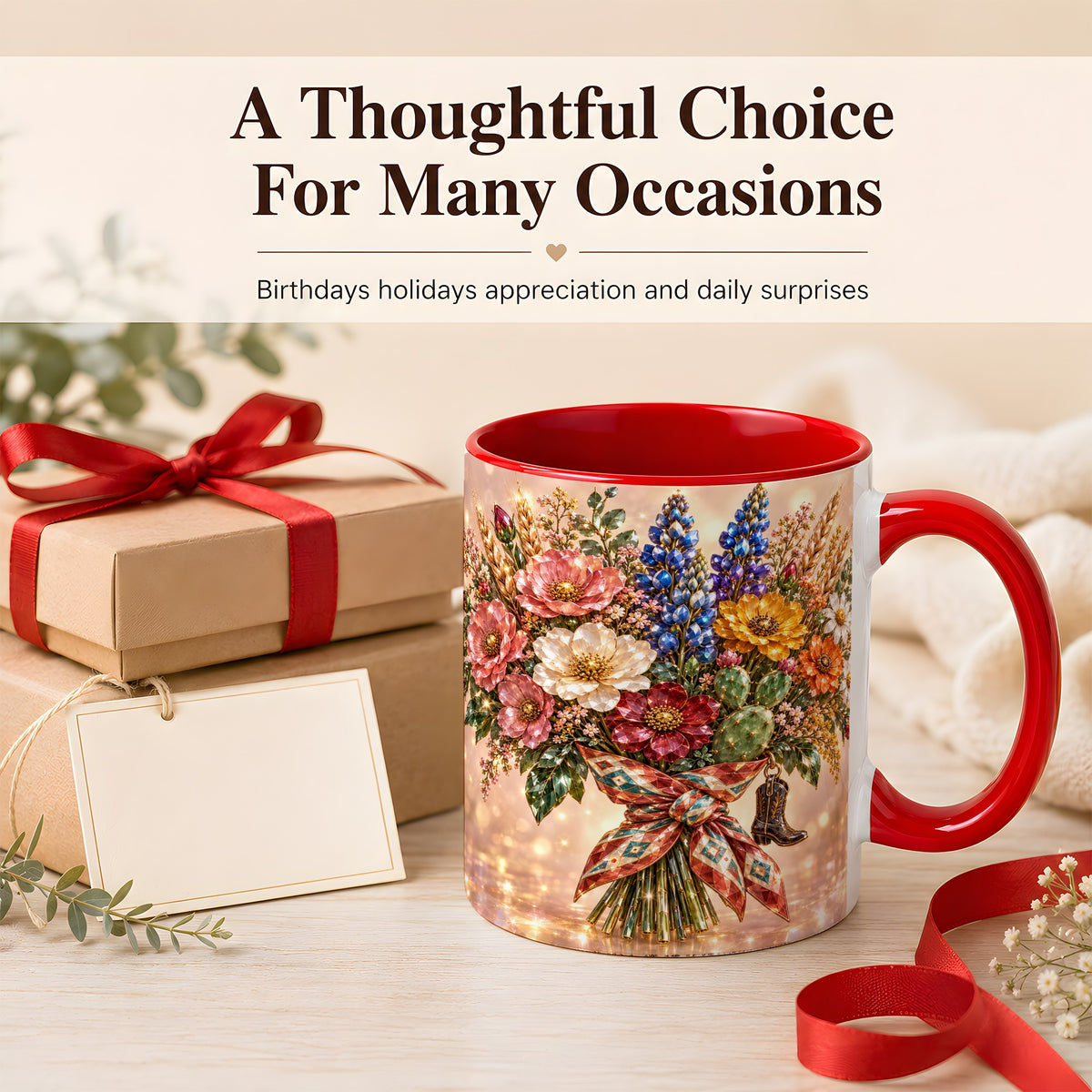 #pl[11oz|Red] Western Wildflower Coffee Mug, Cowgirl Floral Mug, Ceramic Cup