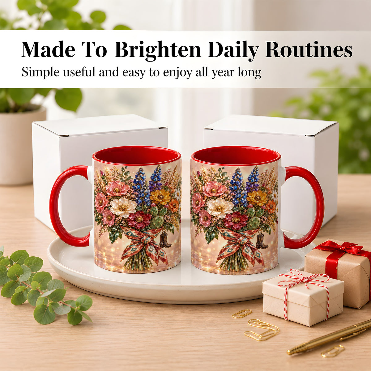 #pl[11oz|Red] Western Wildflower Coffee Mug, Cowgirl Floral Mug, Ceramic Cup