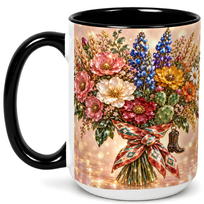 #pl[15oz|Black] Western Wildflower Coffee Mug, Cowgirl Floral Mug, Ceramic Cup