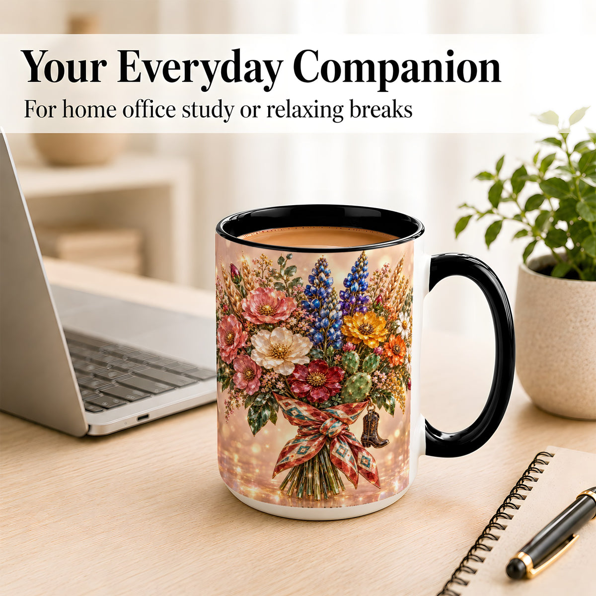 #pl[15oz|Black] Western Wildflower Coffee Mug, Cowgirl Floral Mug, Ceramic Cup