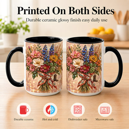 #pl[15oz|Black] Western Wildflower Coffee Mug, Cowgirl Floral Mug, Ceramic Cup
