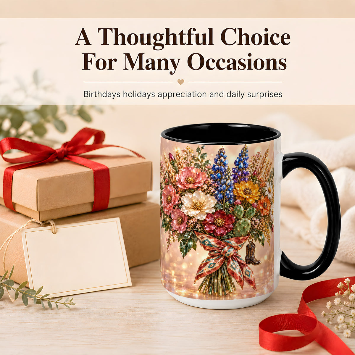 #pl[15oz|Black] Western Wildflower Coffee Mug, Cowgirl Floral Mug, Ceramic Cup