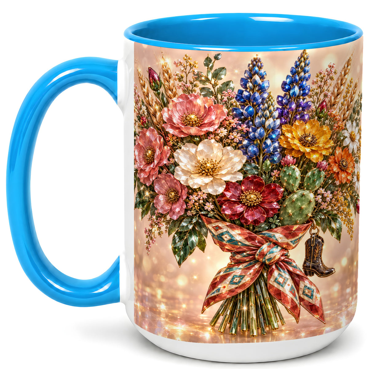 #pl[15oz|Blue] Western Wildflower Coffee Mug, Cowgirl Floral Mug, Ceramic Cup