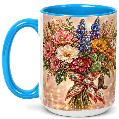 #pl[15oz|Blue] Western Wildflower Coffee Mug, Cowgirl Floral Mug, Ceramic Cup