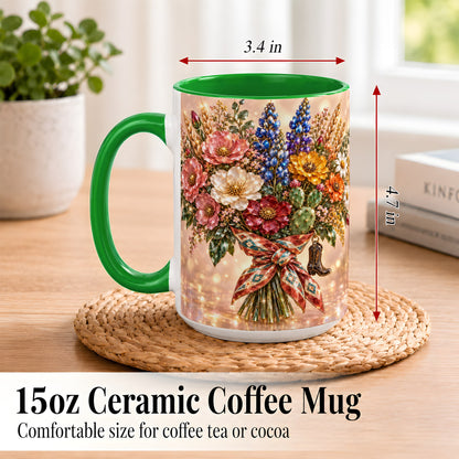 #pl[15oz|Green] Western Wildflower Coffee Mug, Cowgirl Floral Mug, Ceramic Cup