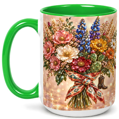 #pl[15oz|Green] Western Wildflower Coffee Mug, Cowgirl Floral Mug, Ceramic Cup