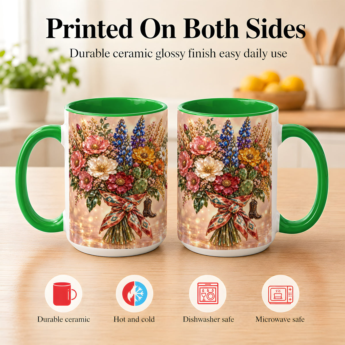 #pl[15oz|Green] Western Wildflower Coffee Mug, Cowgirl Floral Mug, Ceramic Cup