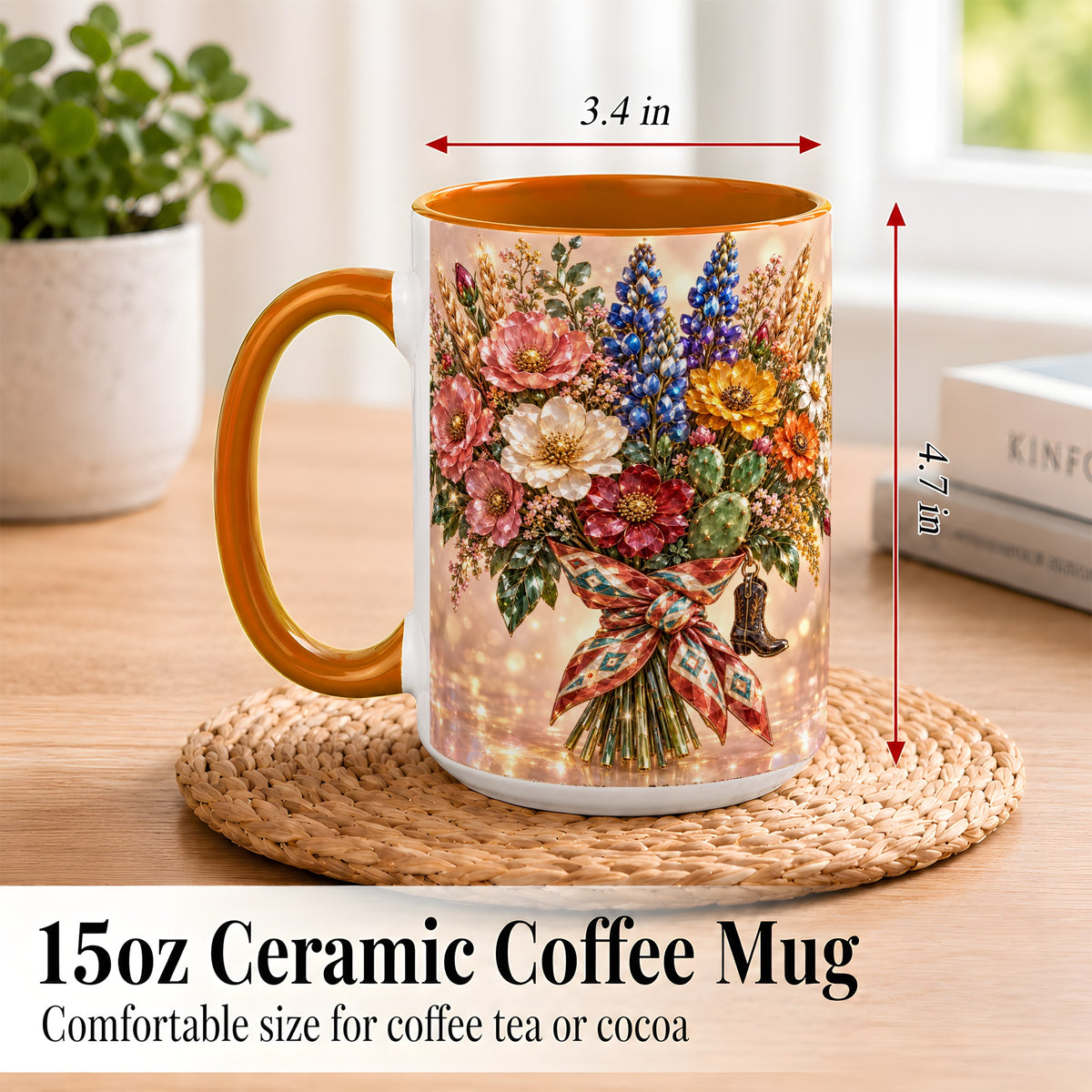 #pl[15oz|Orange] Western Wildflower Coffee Mug, Cowgirl Floral Mug, Ceramic Cup