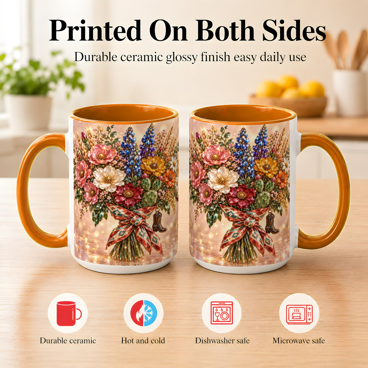 #pl[15oz|Orange] Western Wildflower Coffee Mug, Cowgirl Floral Mug, Ceramic Cup