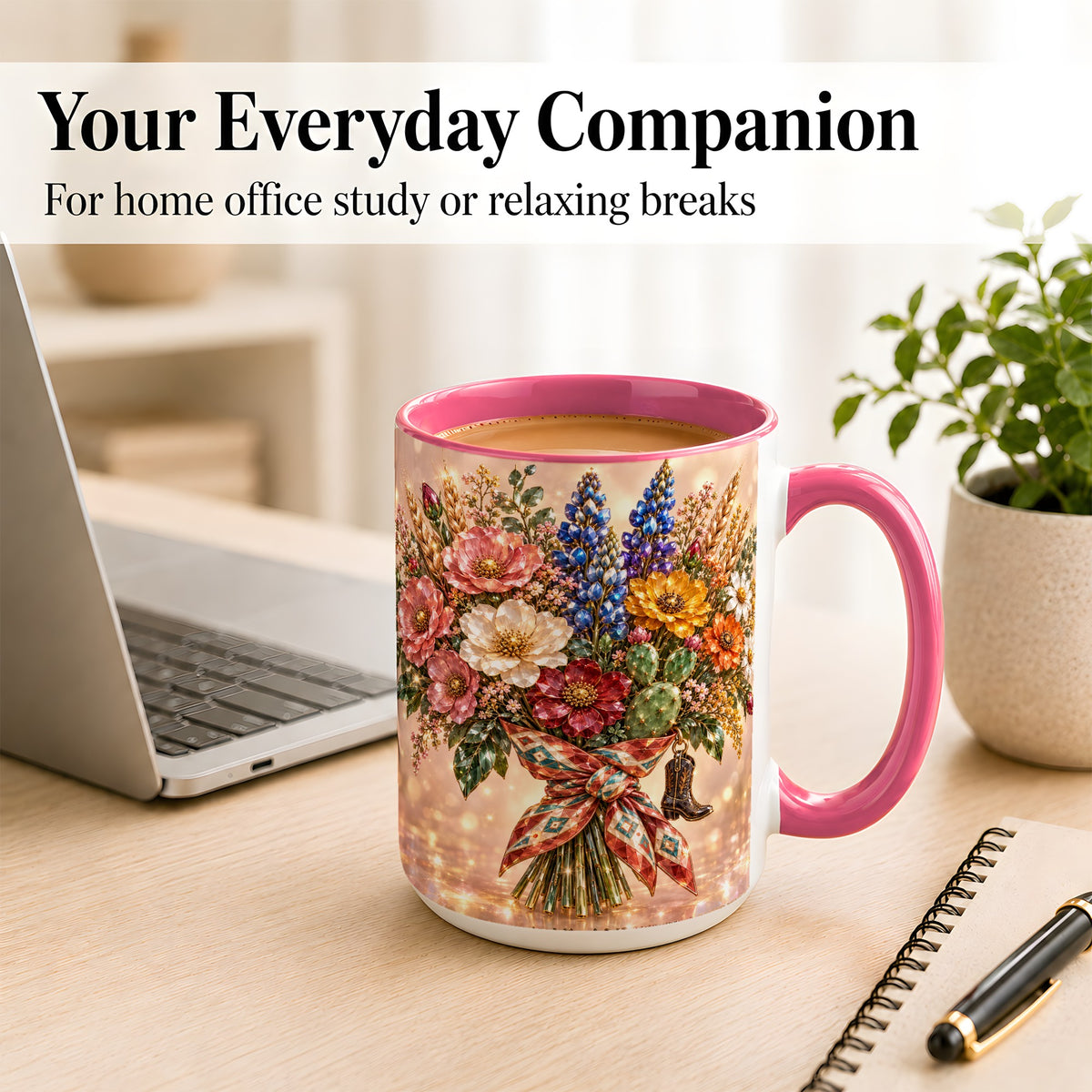 #pl[15oz|Pink] Western Wildflower Coffee Mug, Cowgirl Floral Mug, Ceramic Cup