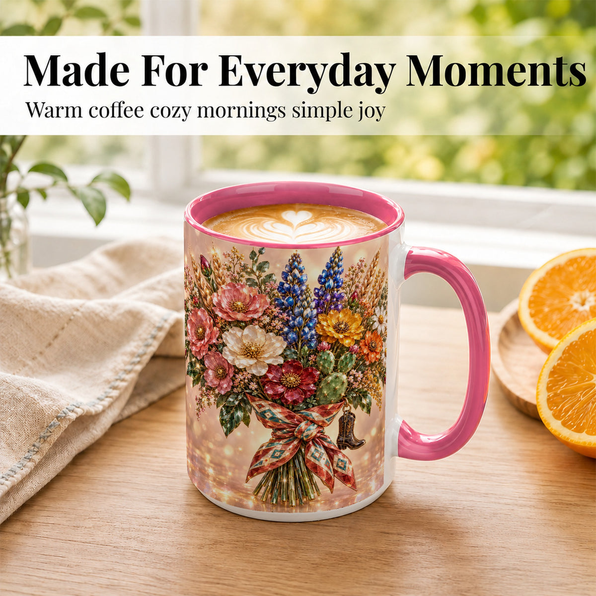 #pl[15oz|Pink] Western Wildflower Coffee Mug, Cowgirl Floral Mug, Ceramic Cup