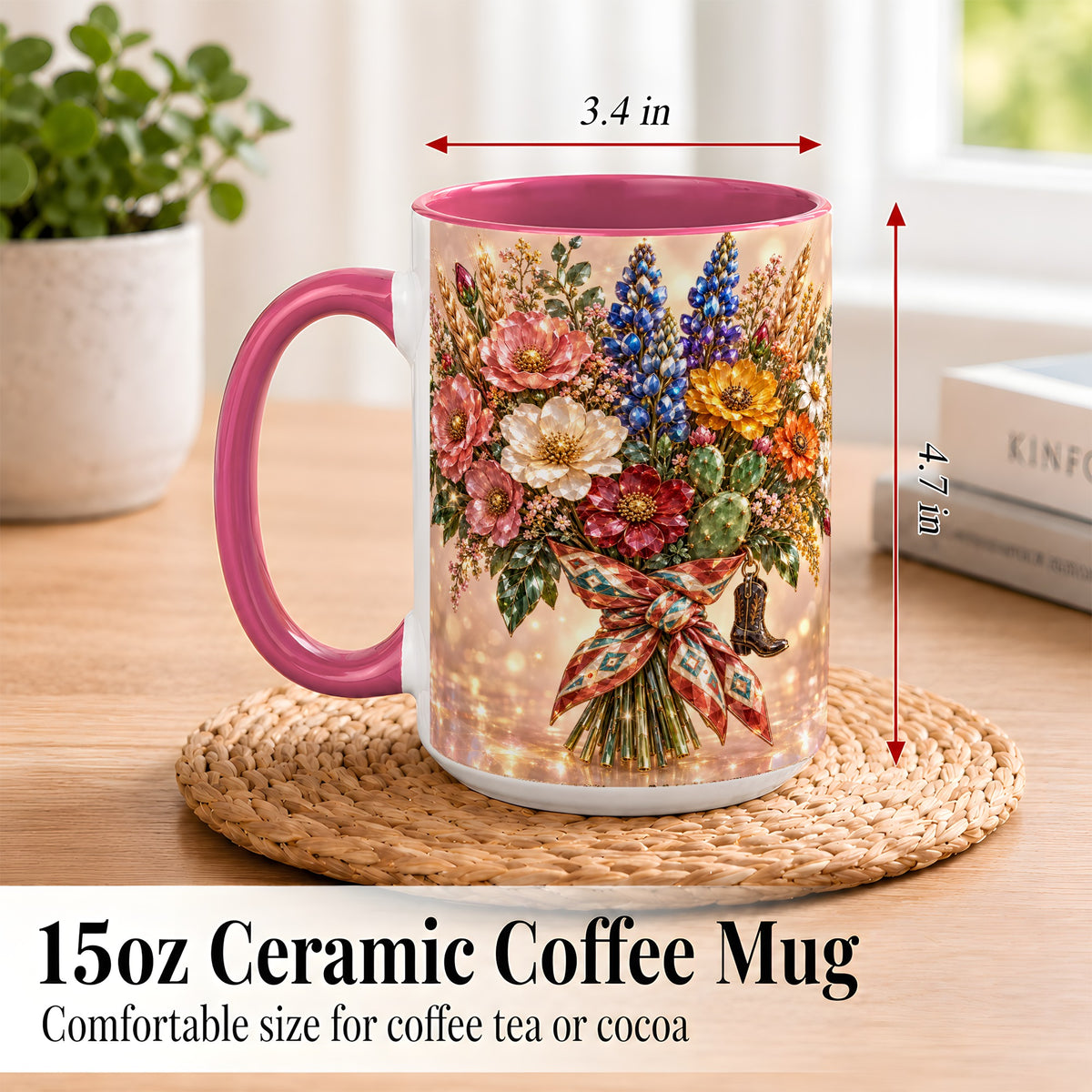 #pl[15oz|Pink] Western Wildflower Coffee Mug, Cowgirl Floral Mug, Ceramic Cup