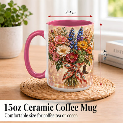#pl[15oz|Pink] Western Wildflower Coffee Mug, Cowgirl Floral Mug, Ceramic Cup