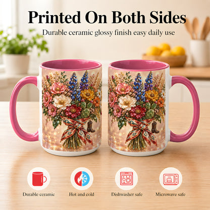 #pl[15oz|Pink] Western Wildflower Coffee Mug, Cowgirl Floral Mug, Ceramic Cup