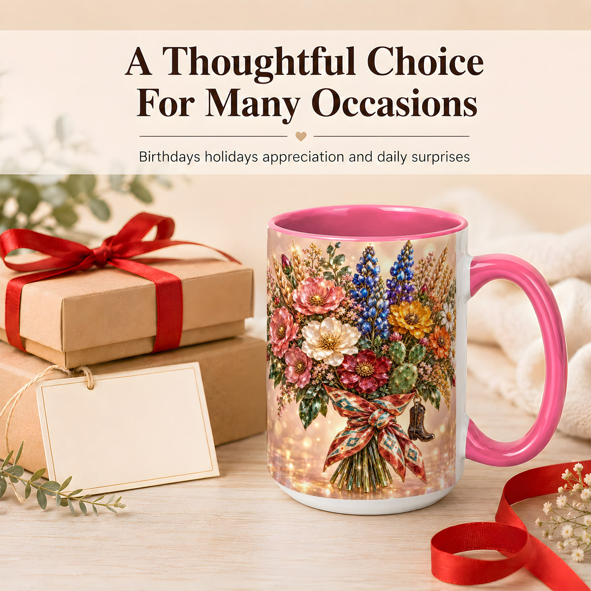 #pl[15oz|Pink] Western Wildflower Coffee Mug, Cowgirl Floral Mug, Ceramic Cup