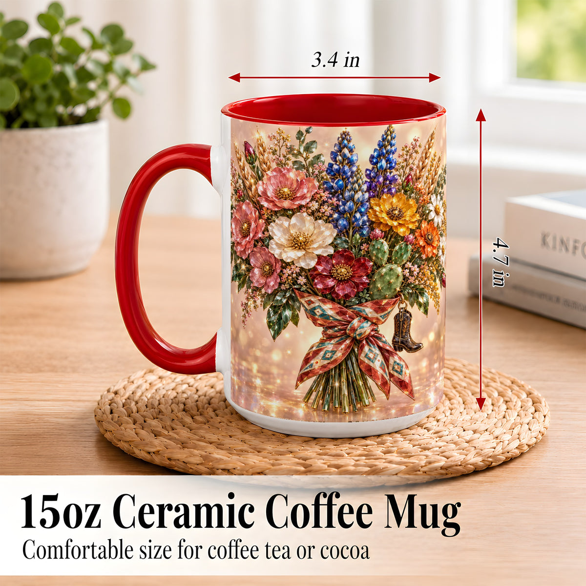 #pl[15oz|Red] Western Wildflower Coffee Mug, Cowgirl Floral Mug, Ceramic Cup