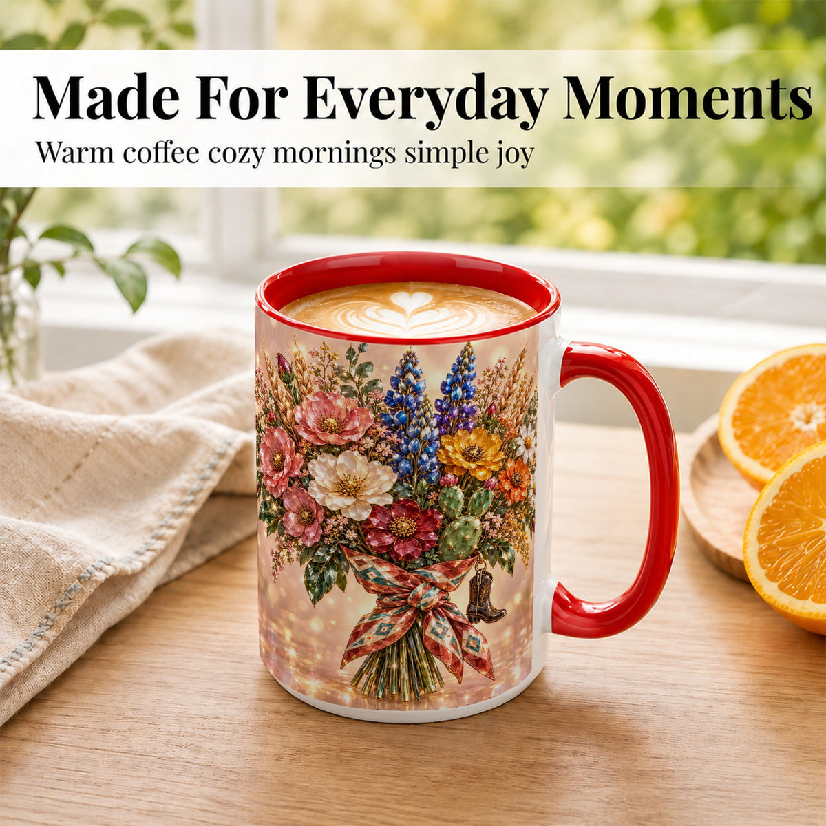 #pl[15oz|Red] Western Wildflower Coffee Mug, Cowgirl Floral Mug, Ceramic Cup