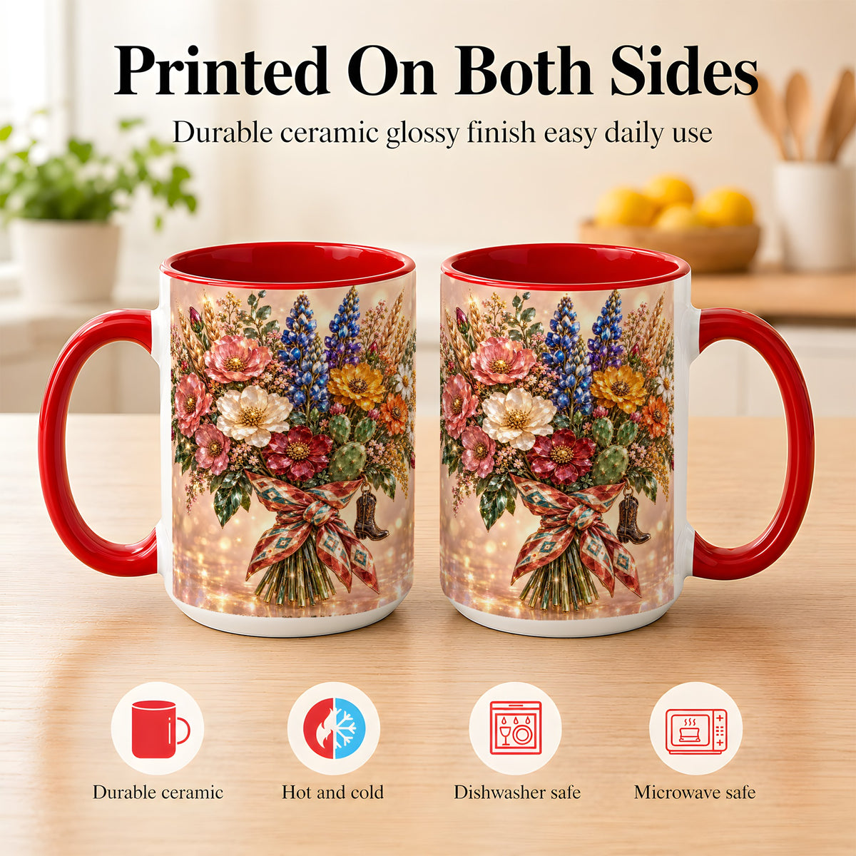 #pl[15oz|Red] Western Wildflower Coffee Mug, Cowgirl Floral Mug, Ceramic Cup