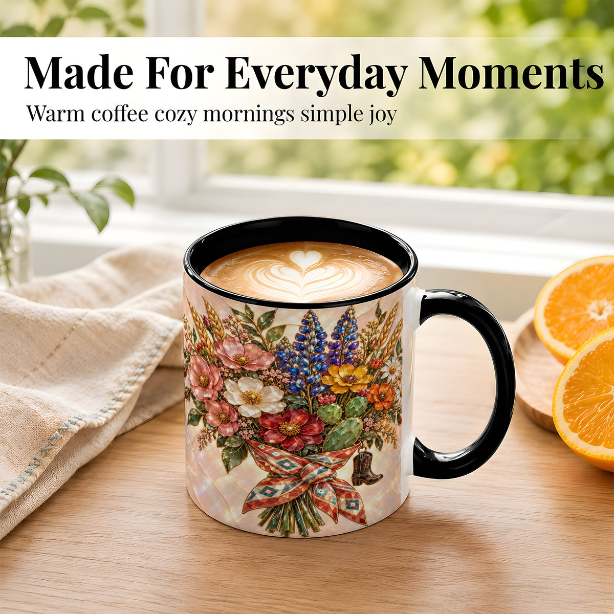 #pl[11oz|Black] Stained Glass Wildflower Coffee Mug, Western Floral Mug, Ceramic Cup