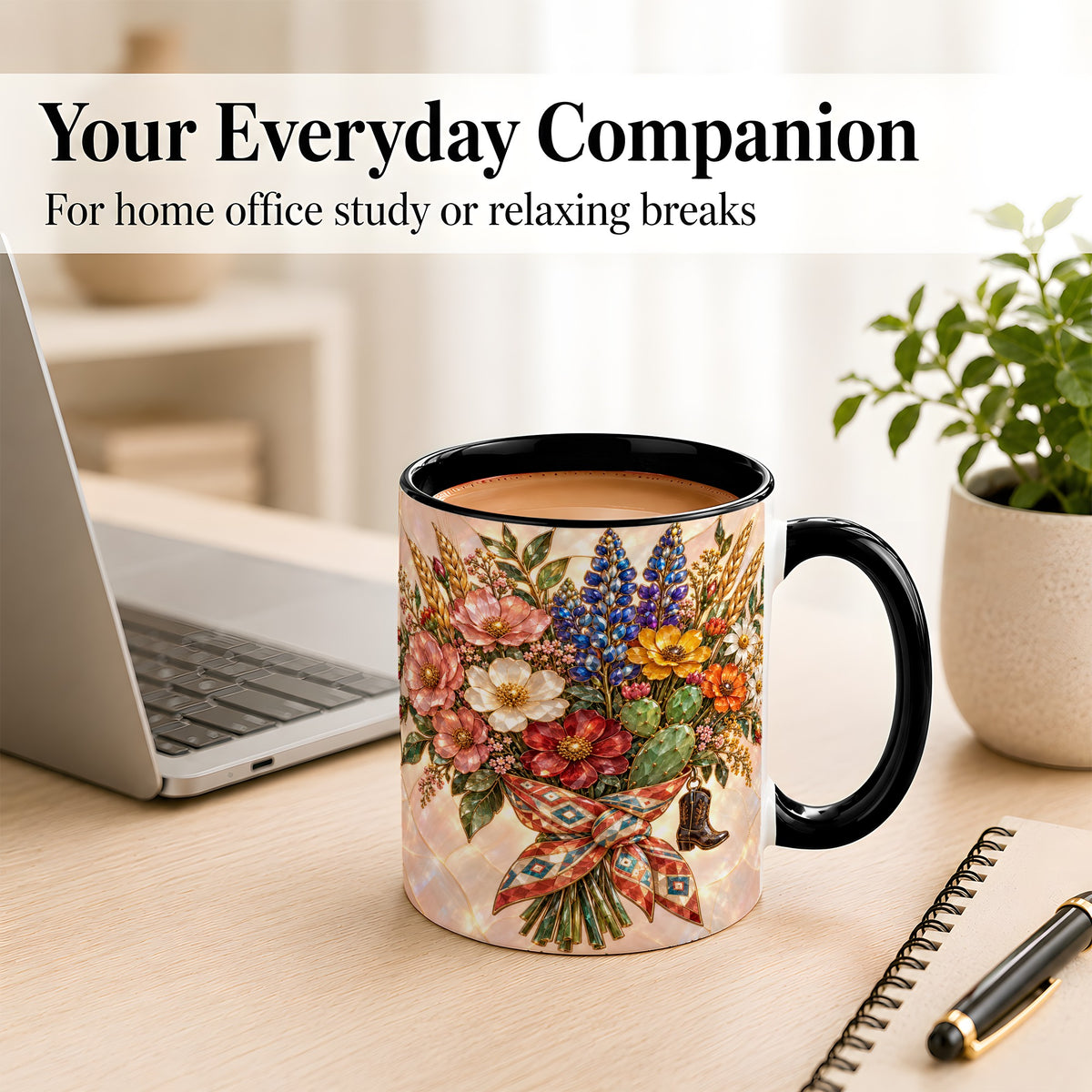 #pl[11oz|Black] Stained Glass Wildflower Coffee Mug, Western Floral Mug, Ceramic Cup