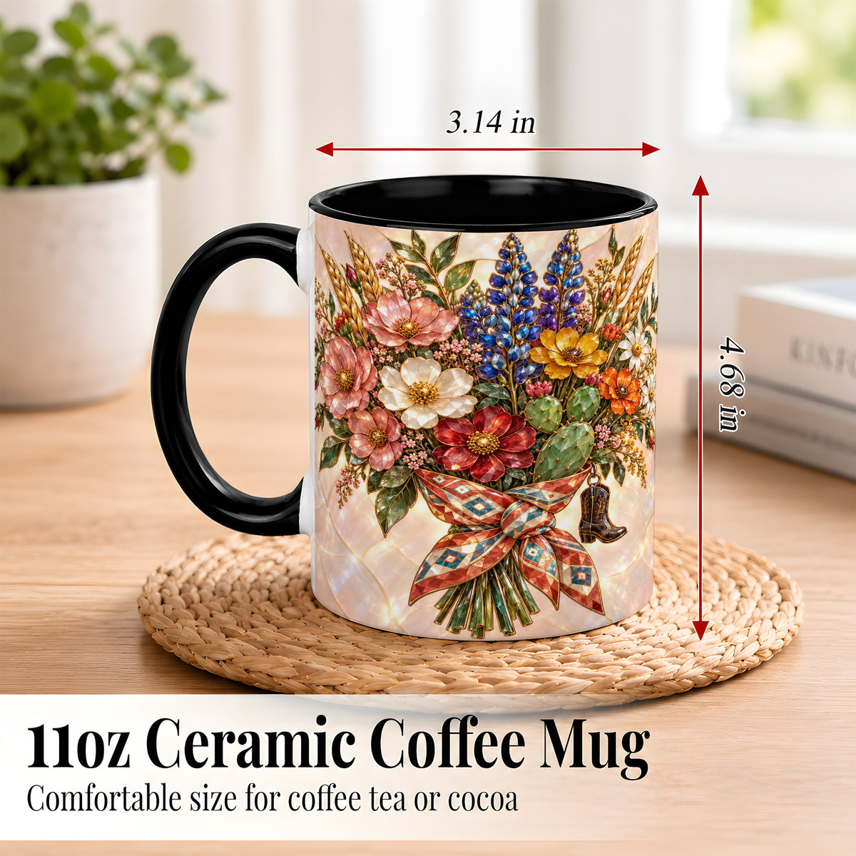 #pl[11oz|Black] Stained Glass Wildflower Coffee Mug, Western Floral Mug, Ceramic Cup
