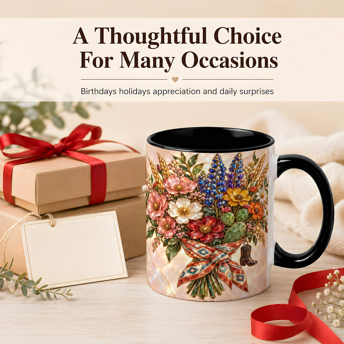 #pl[11oz|Black] Stained Glass Wildflower Coffee Mug, Western Floral Mug, Ceramic Cup