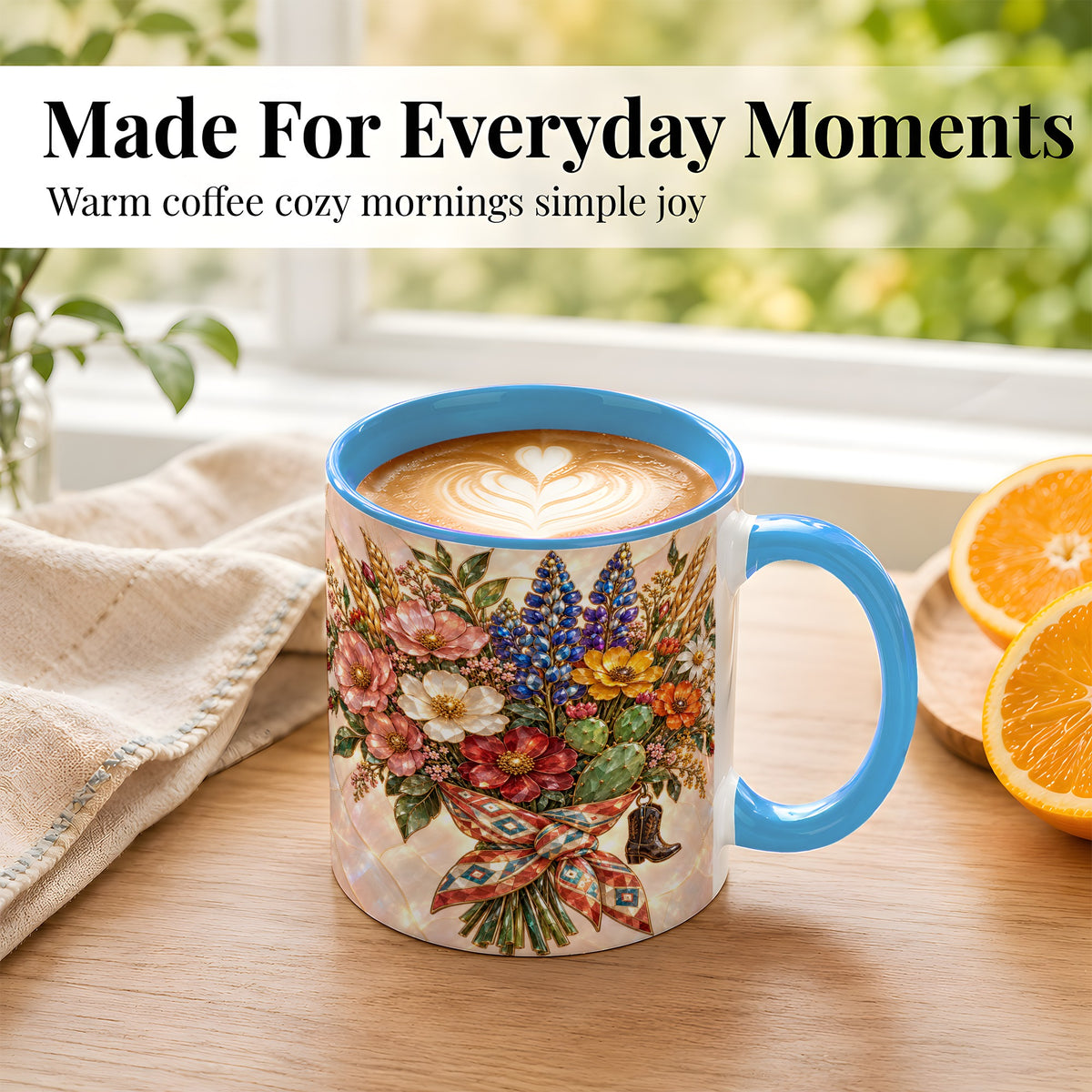 #pl[11oz|Blue] Stained Glass Wildflower Coffee Mug, Western Floral Mug, Ceramic Cup