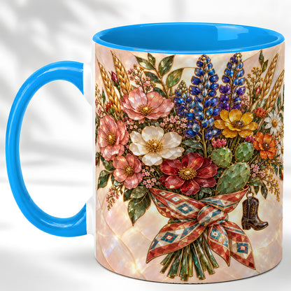 #pl[11oz|Blue] Stained Glass Wildflower Coffee Mug, Western Floral Mug, Ceramic Cup