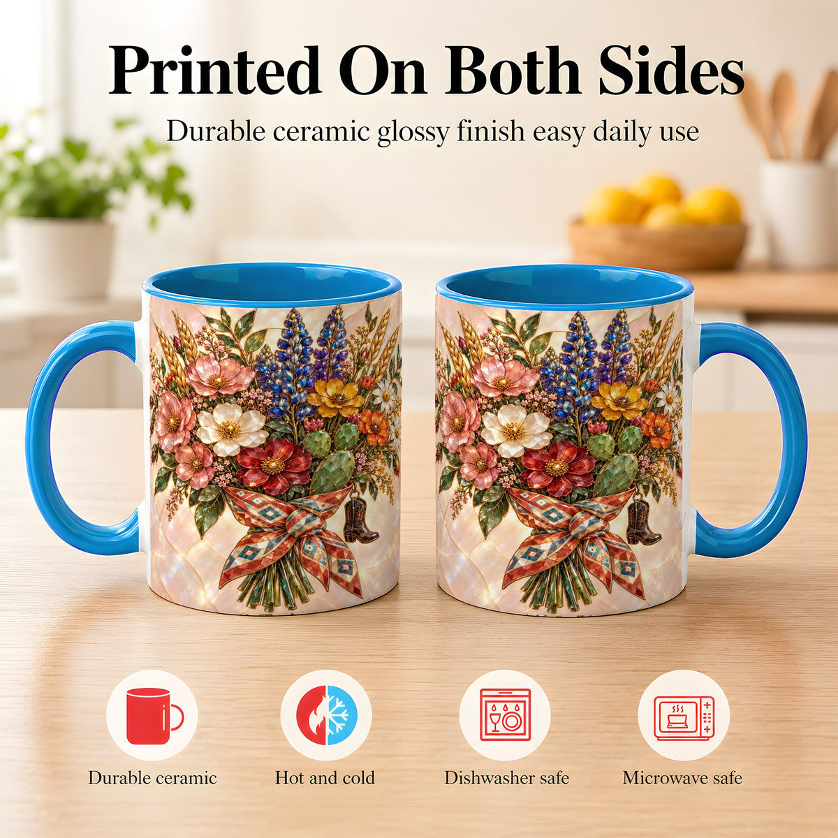 #pl[11oz|Blue] Stained Glass Wildflower Coffee Mug, Western Floral Mug, Ceramic Cup
