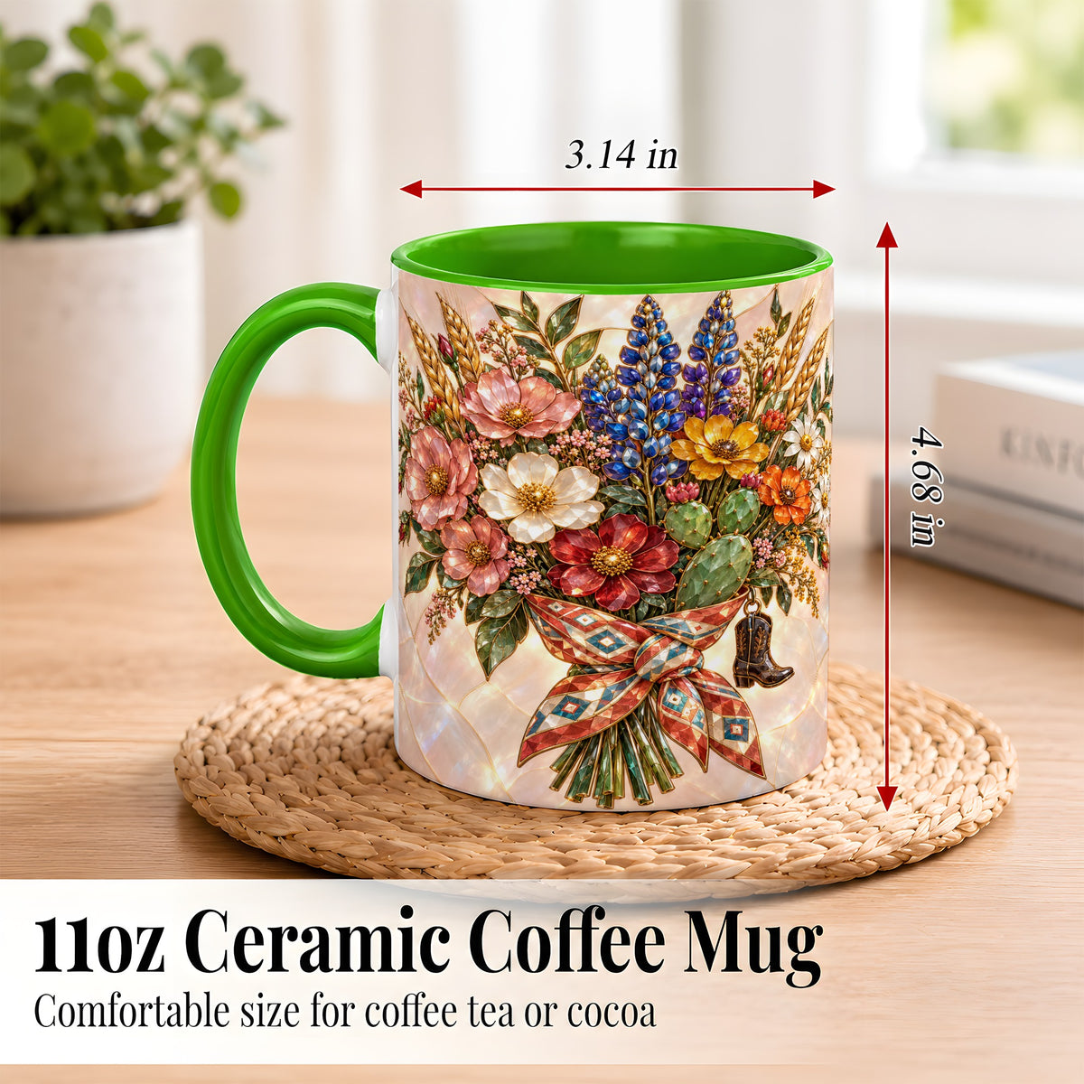 #pl[11oz|Green] Stained Glass Wildflower Coffee Mug, Western Floral Mug, Ceramic Cup