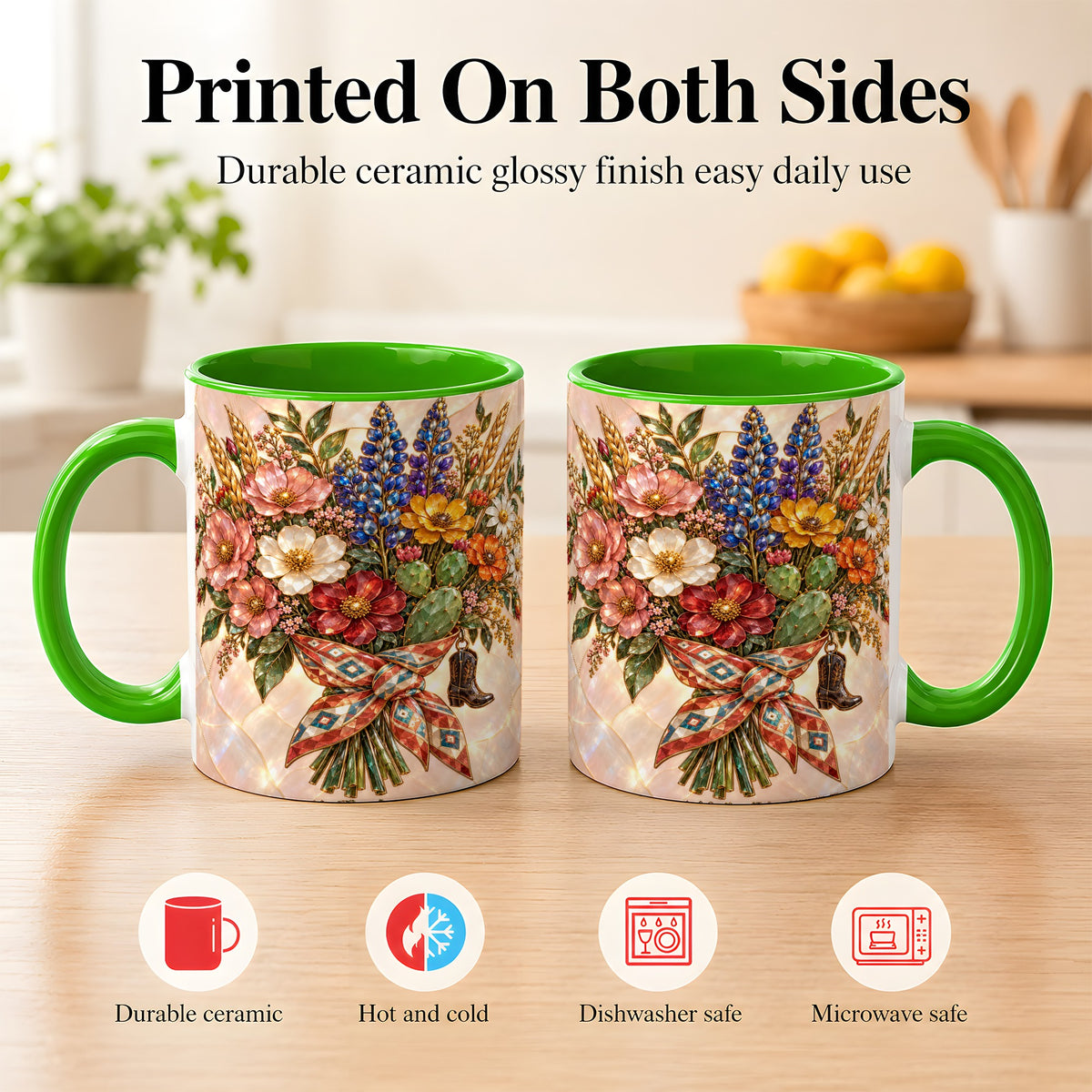 #pl[11oz|Green] Stained Glass Wildflower Coffee Mug, Western Floral Mug, Ceramic Cup